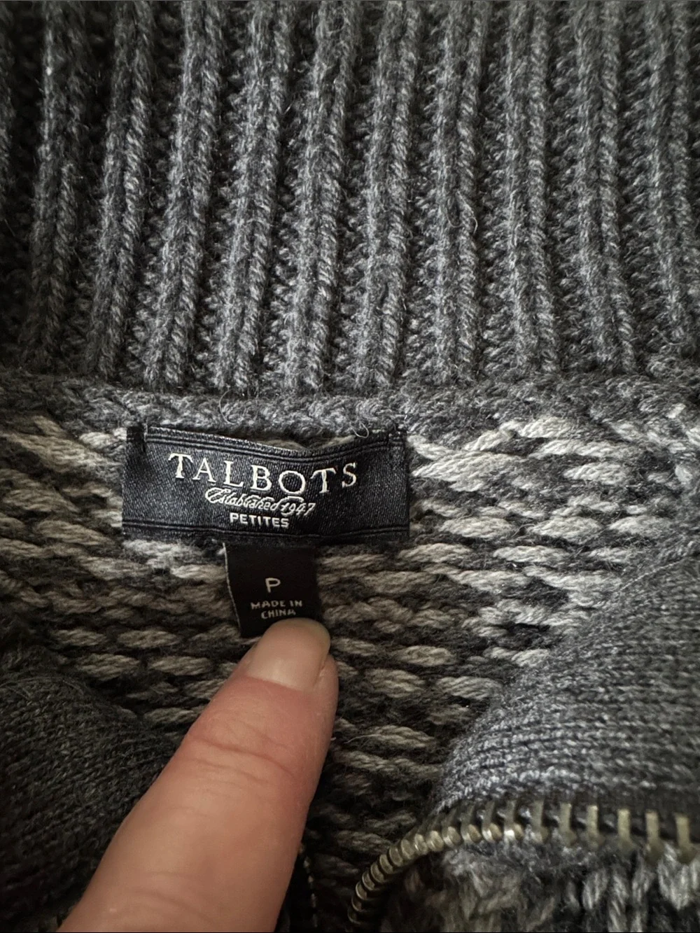 Talbots Charcoal and White Zip-Front Fair Isle Cardigan - Picture 2 of 7